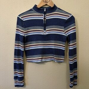 SO Y2K Cropped Thermal Waffle Shirt Long Sleeve Striped 1/4 Zip Blue Multi  Sz M